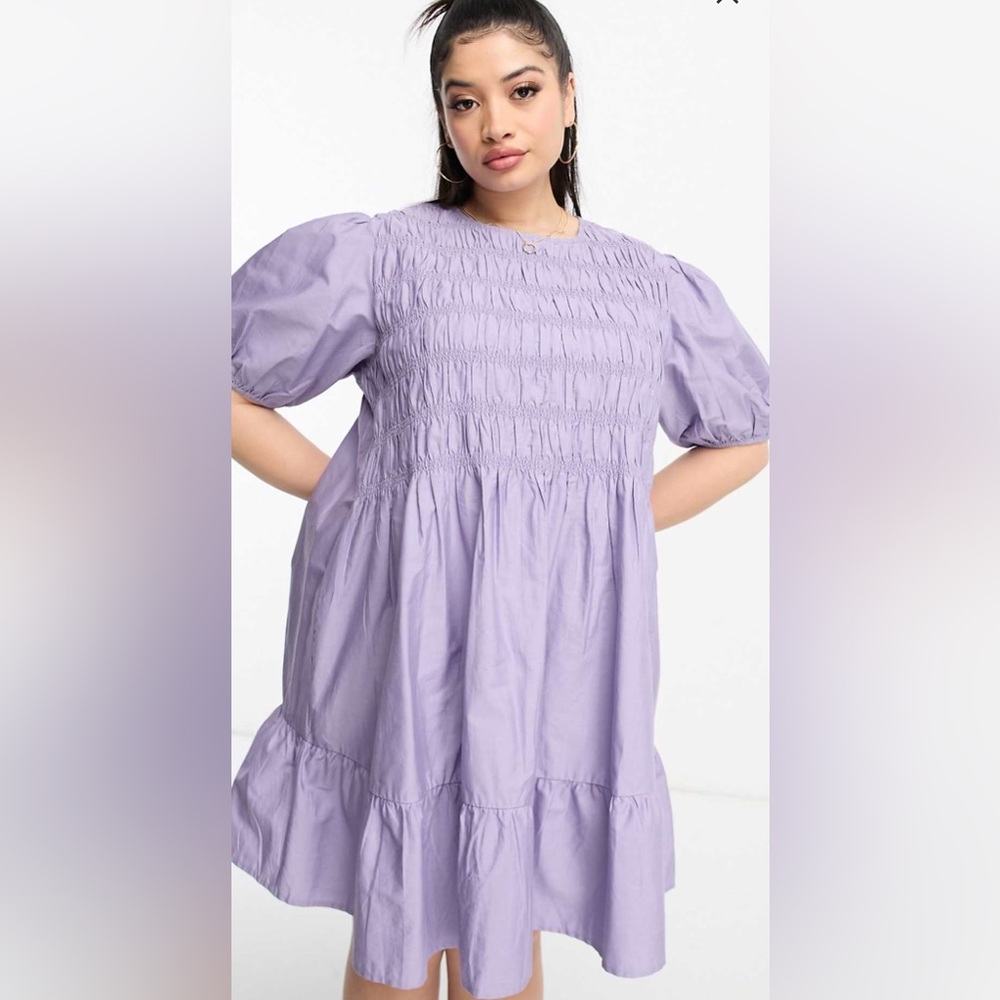 LIKE-NEW ASOS DESIGN CURVE COTTON SHIRRED MINI SMOCK DRESS WITH PUFF SLEEVES